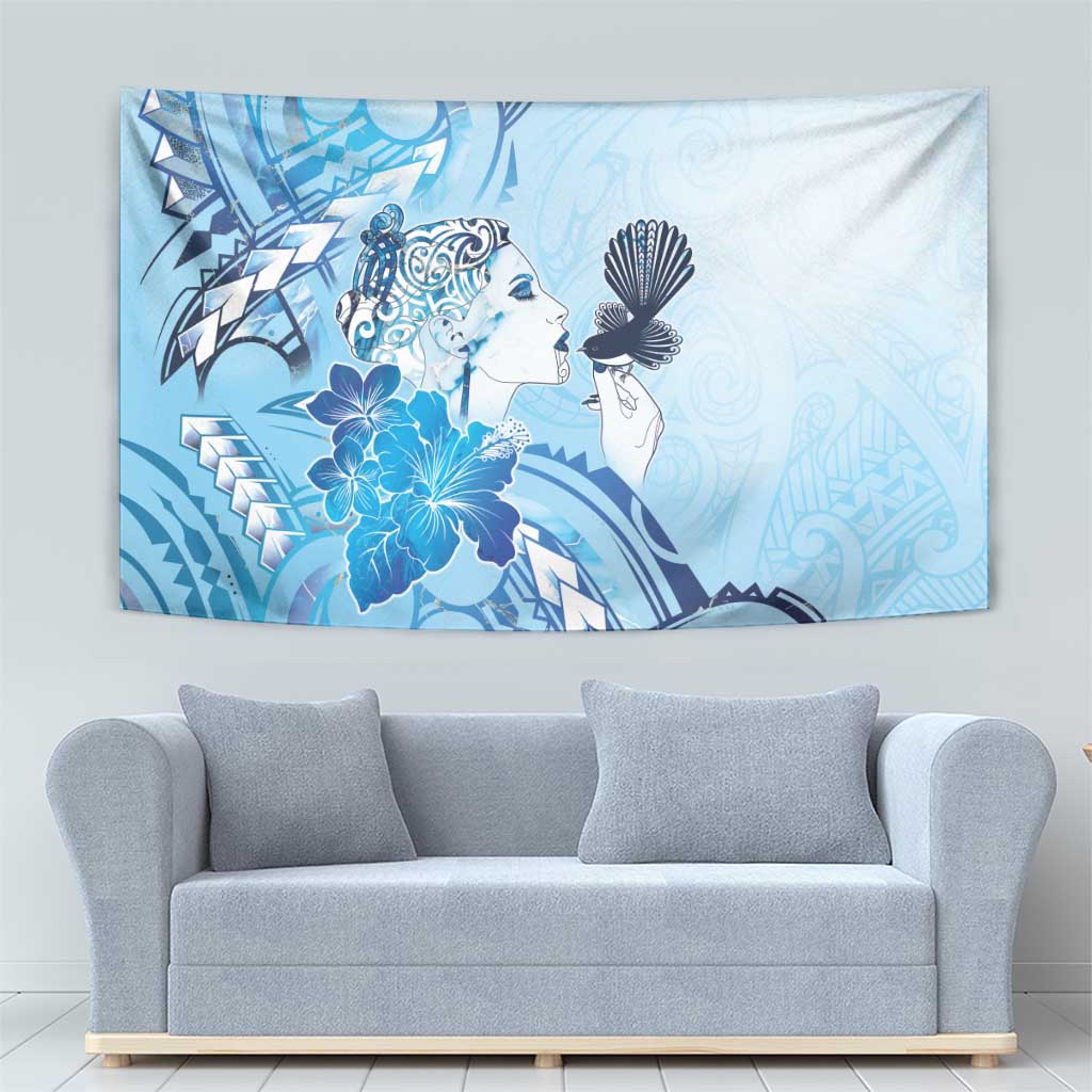 Aotearoa Maori Wahine Tapestry Fantail Bird Blue Gold Marble