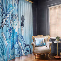 Aotearoa Maori Wahine Window Curtain Fantail Bird Blue Gold Marble