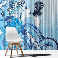 Aotearoa Maori Wahine Window Curtain Fantail Bird Blue Gold Marble