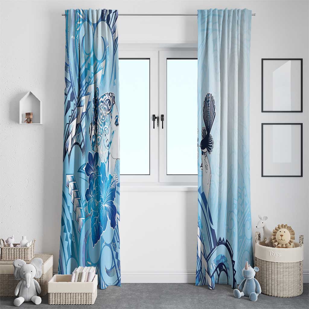 Aotearoa Maori Wahine Window Curtain Fantail Bird Blue Gold Marble