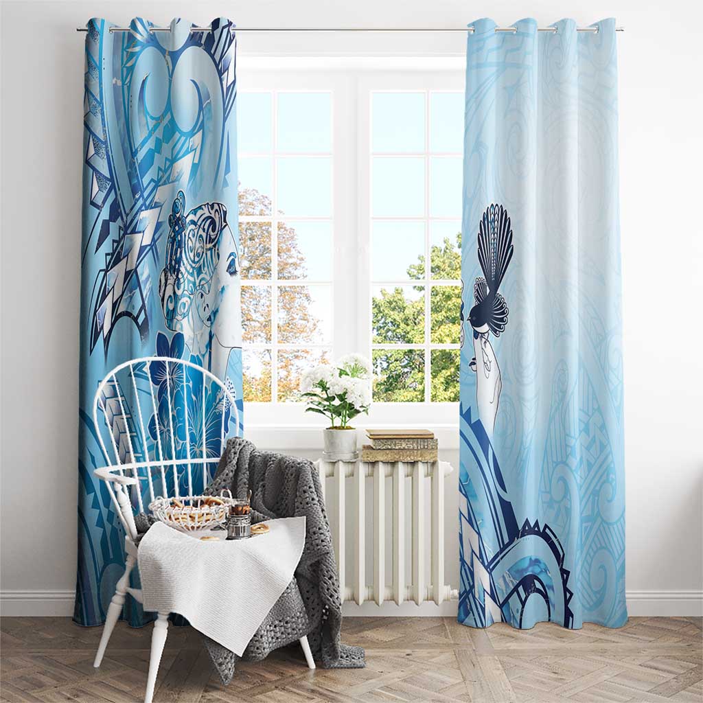 Aotearoa Maori Wahine Window Curtain Fantail Bird Blue Gold Marble