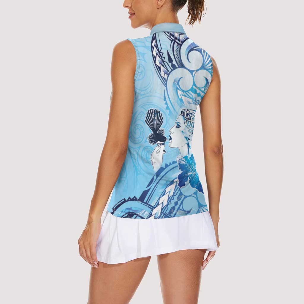 Aotearoa Maori Wahine Women Sleeveless Polo Shirt Fantail Bird Blue Gold Marble