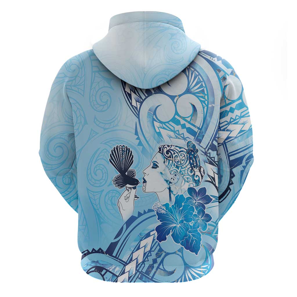 Aotearoa Maori Wahine Zip Hoodie Fantail Bird Blue Gold Marble