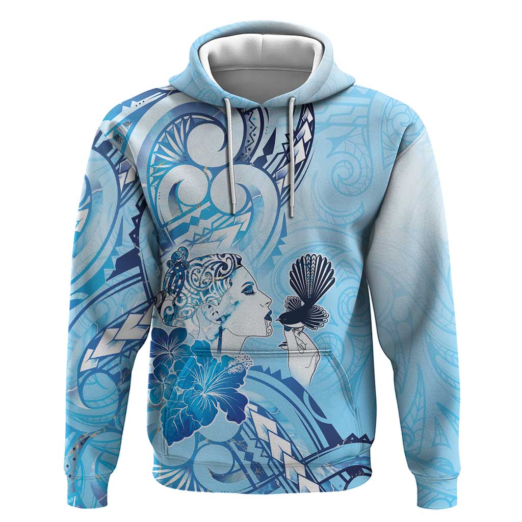 Aotearoa Maori Wahine Zip Hoodie Fantail Bird Blue Gold Marble