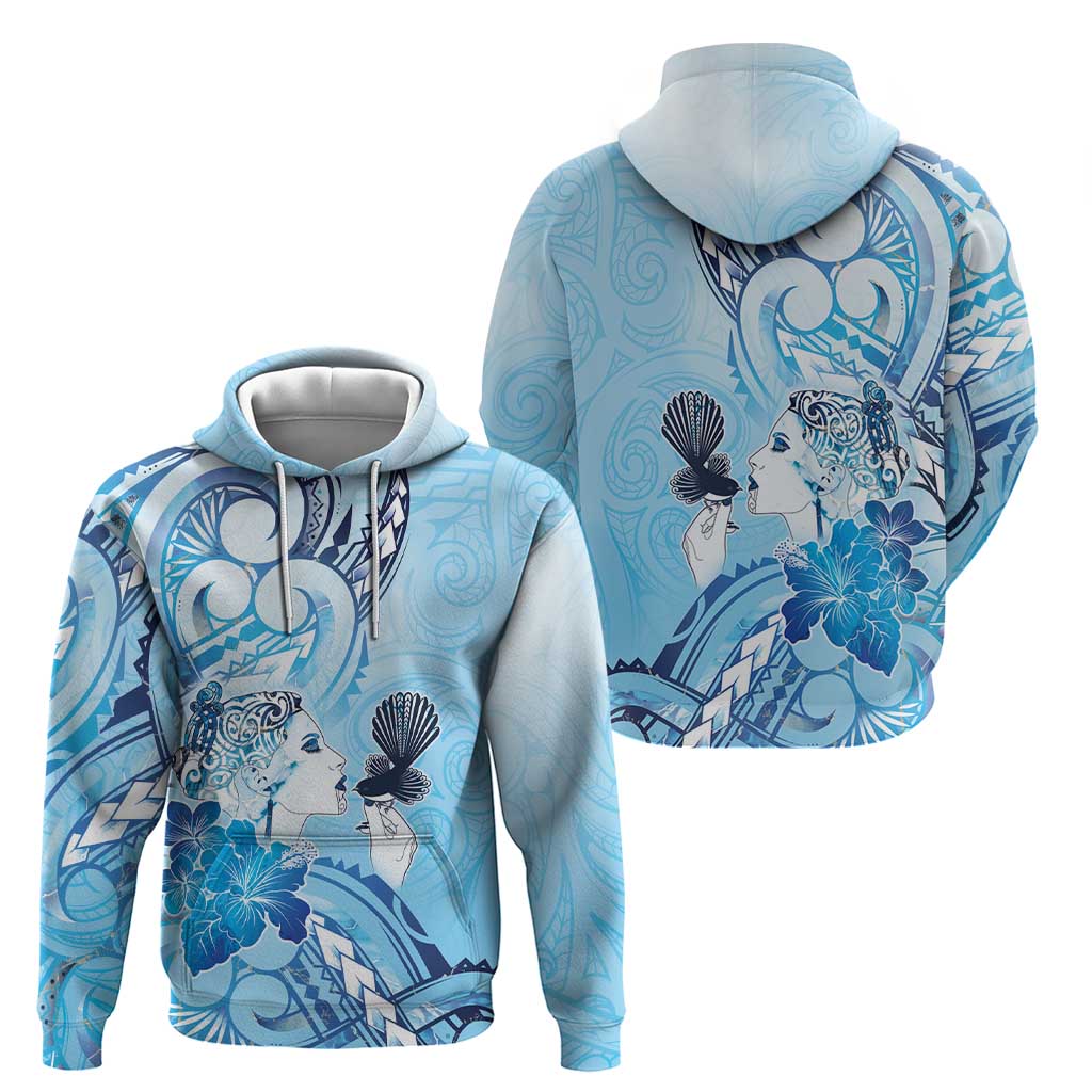 Aotearoa Maori Wahine Zip Hoodie Fantail Bird Blue Gold Marble