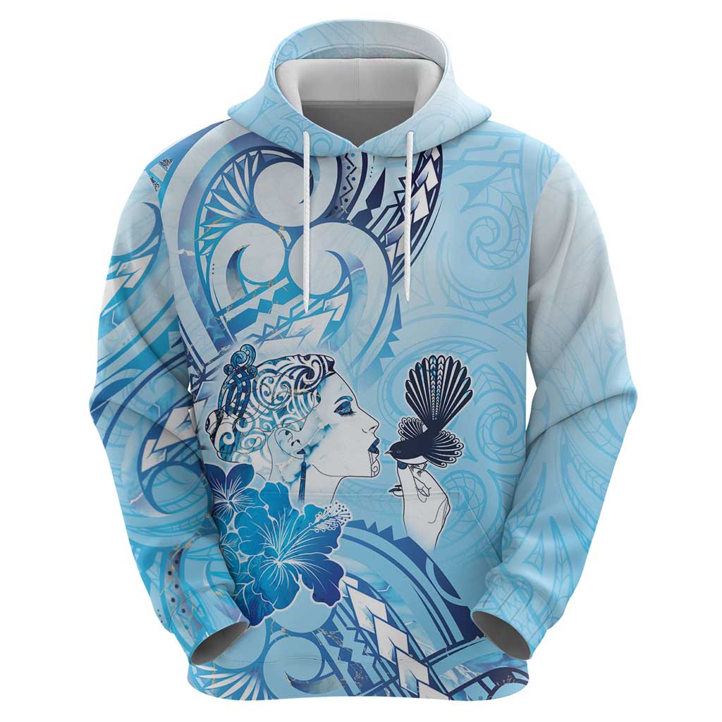 Aotearoa Maori Wahine Zip Hoodie Fantail Bird Blue Gold Marble