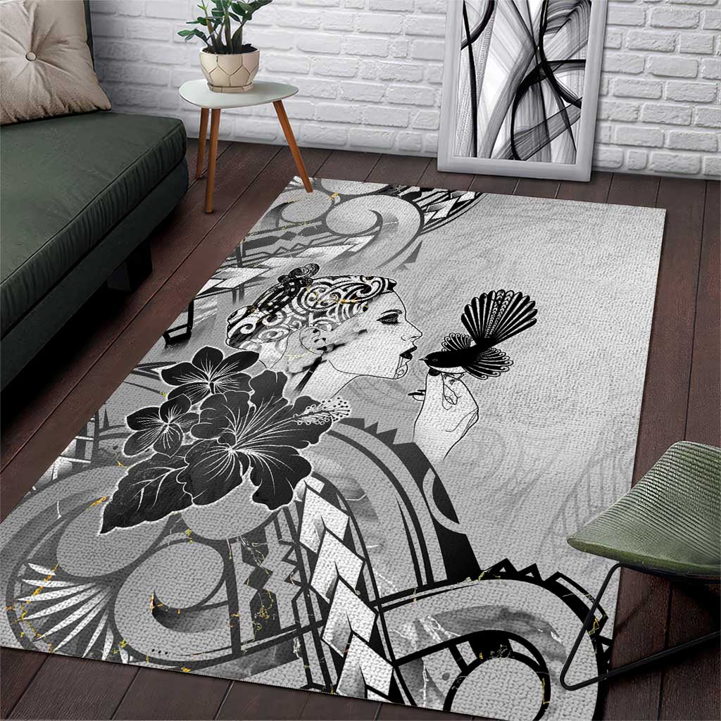 Aotearoa Maori Wahine Area Rug Fantail Bird Black Gold Marble