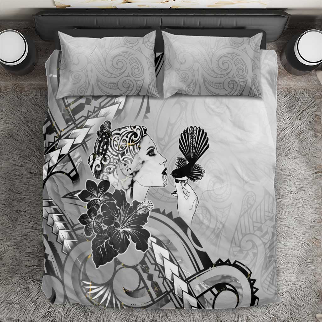 Aotearoa Maori Wahine Bedding Set Fantail Bird Black Gold Marble