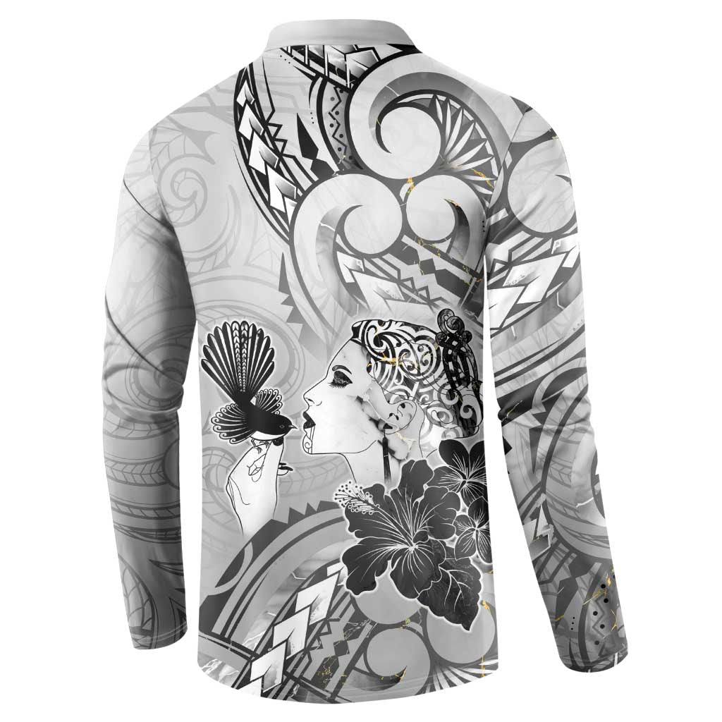 Aotearoa Maori Wahine Button Sweatshirt Fantail Bird Black Gold Marble