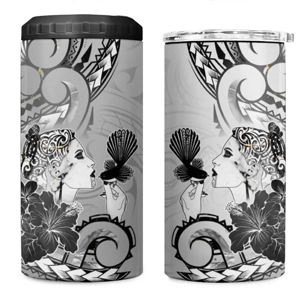 Aotearoa Maori Wahine 4 in 1 Can Cooler Tumbler Fantail Bird Black Gold Marble LT05 One Size: 16 oz Black - Polynesian Pride