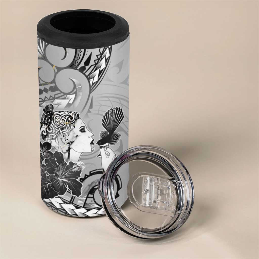 Aotearoa Maori Wahine 4 in 1 Can Cooler Tumbler Fantail Bird Black Gold Marble LT05 - Polynesian Pride
