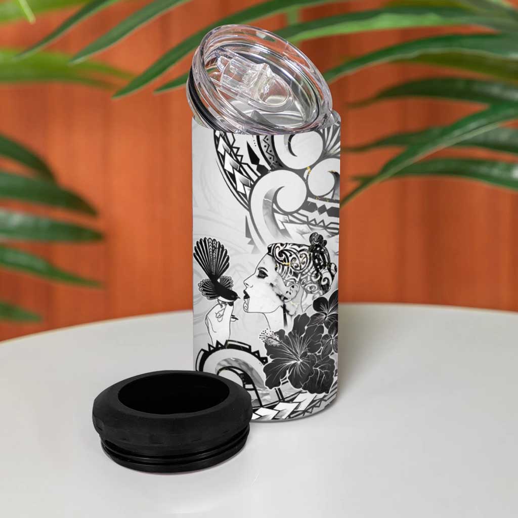 Aotearoa Maori Wahine 4 in 1 Can Cooler Tumbler Fantail Bird Black Gold Marble LT05 - Polynesian Pride