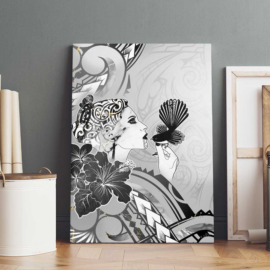 Aotearoa Maori Wahine Canvas Wall Art Fantail Bird Black Gold Marble