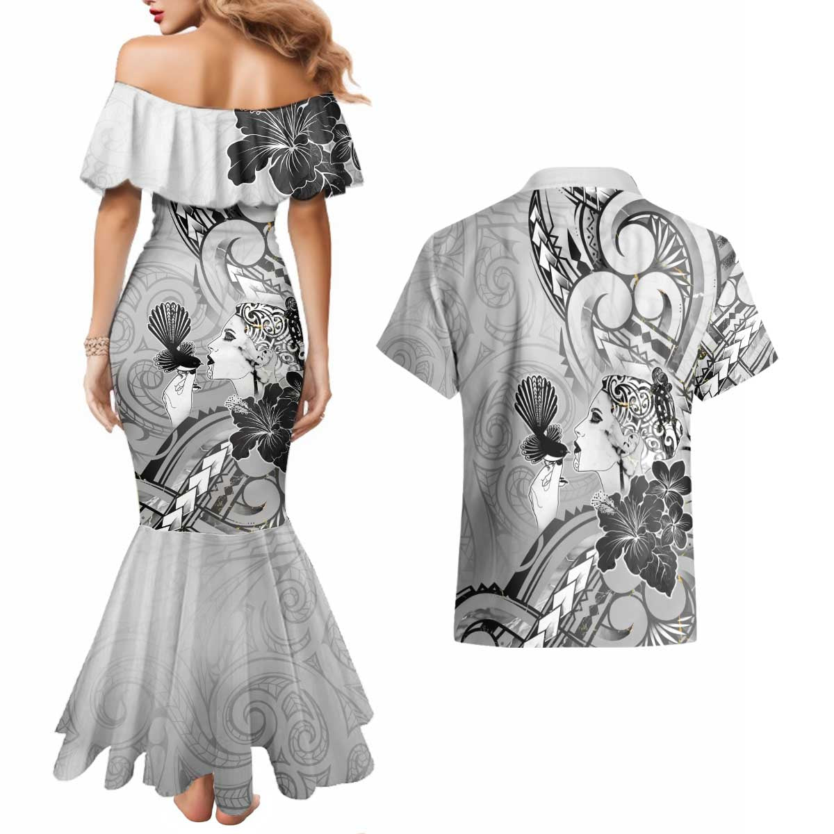 Aotearoa Maori Wahine Couples Matching Mermaid Dress and Hawaiian Shirt Fantail Bird Black Gold Marble LT05 - Polynesian Pride