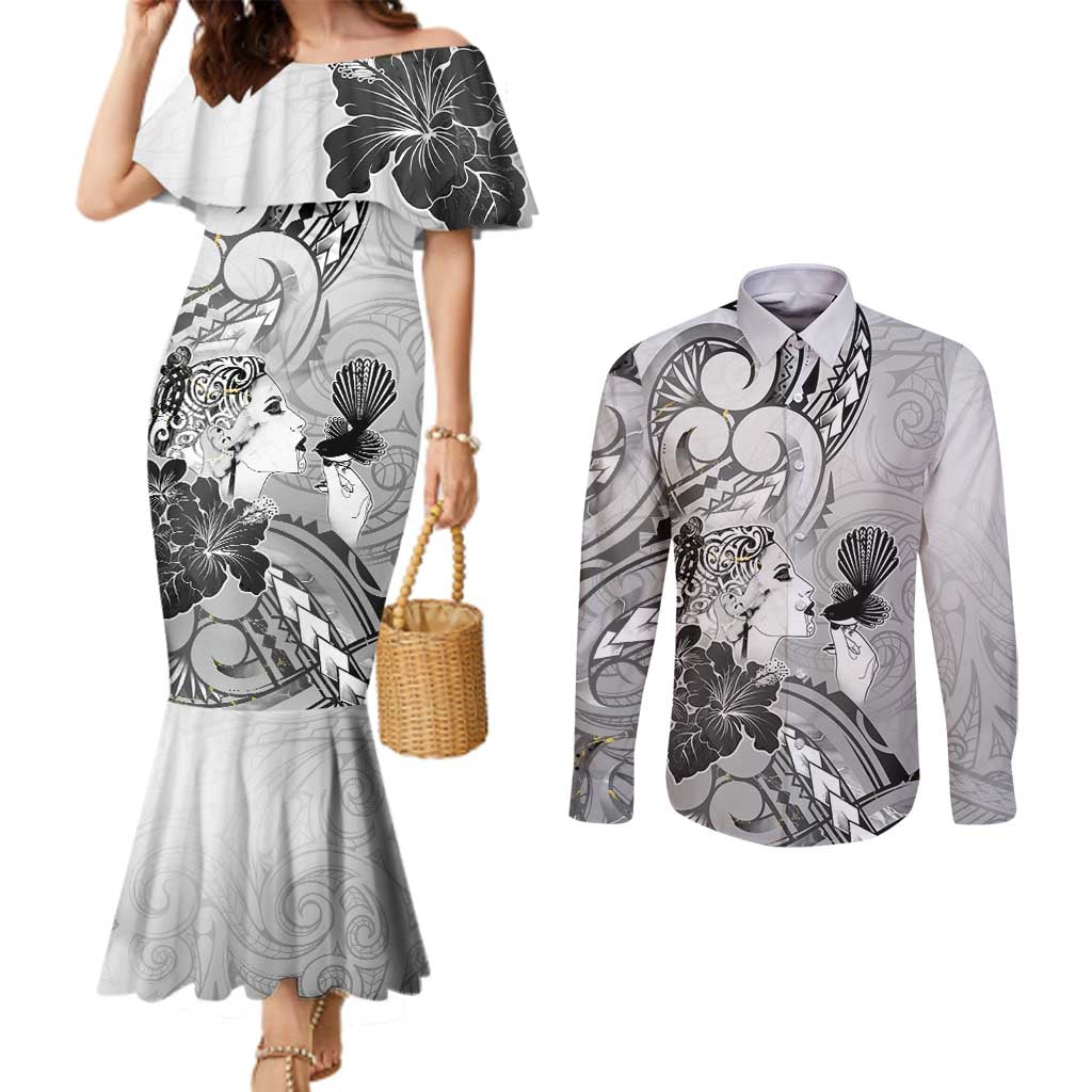 Aotearoa Maori Wahine Couples Matching Mermaid Dress and Long Sleeve Button Shirt Fantail Bird Black Gold Marble