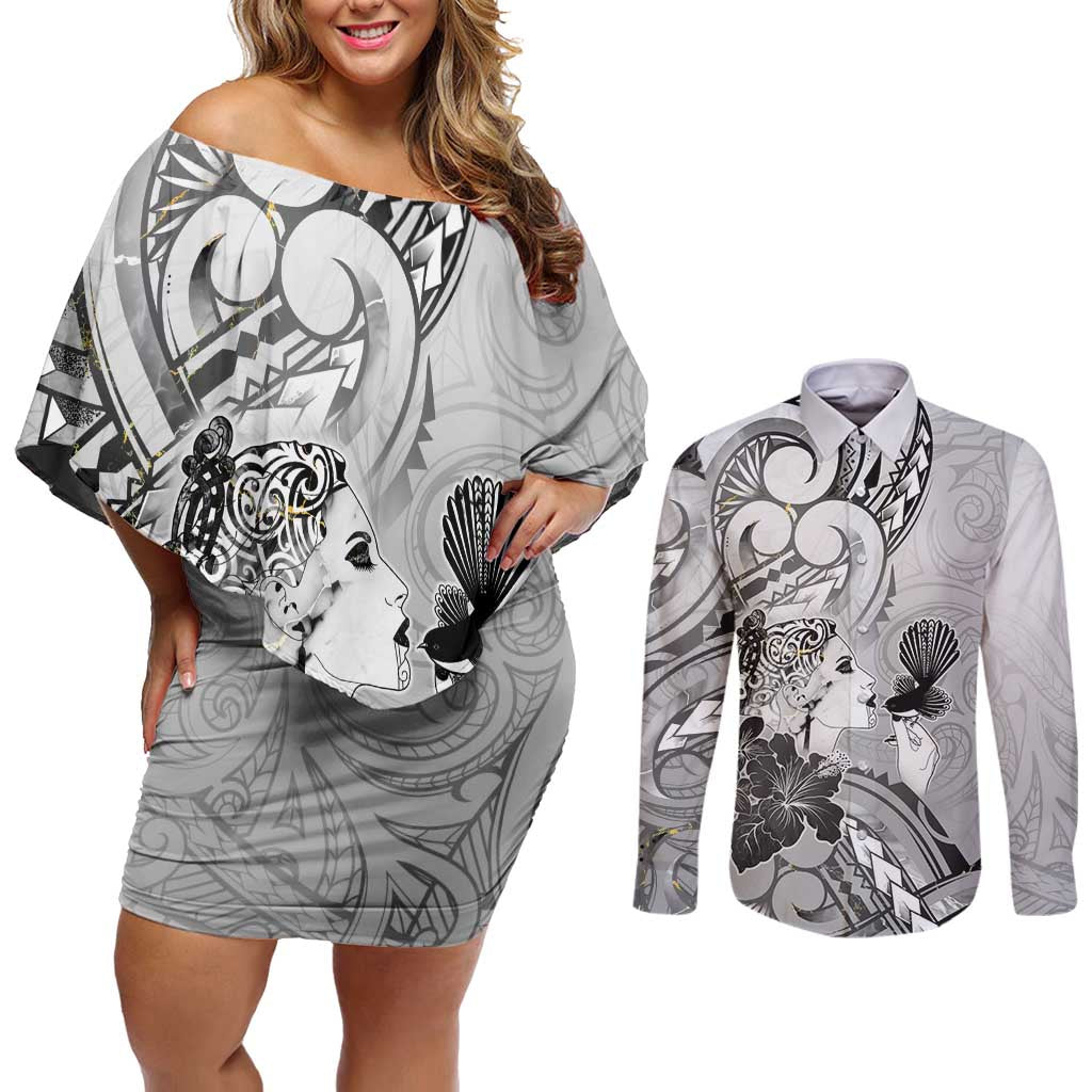 Aotearoa Maori Wahine Couples Matching Off Shoulder Short Dress and Long Sleeve Button Shirt Fantail Bird Black Gold Marble