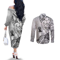 Aotearoa Maori Wahine Couples Matching Off The Shoulder Long Sleeve Dress and Long Sleeve Button Shirt Fantail Bird Black Gold Marble