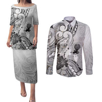 Aotearoa Maori Wahine Couples Matching Puletasi and Long Sleeve Button Shirt Fantail Bird Black Gold Marble