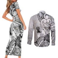 Aotearoa Maori Wahine Couples Matching Short Sleeve Bodycon Dress and Long Sleeve Button Shirt Fantail Bird Black Gold Marble