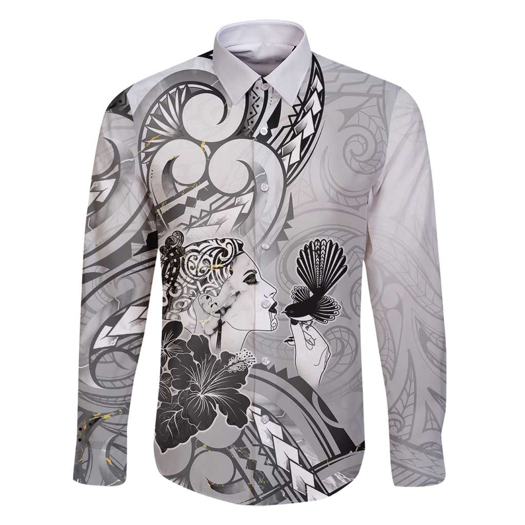 Aotearoa Maori Wahine Family Matching Long Sleeve Bodycon Dress and Hawaiian Shirt Fantail Bird Black Gold Marble LT05 Dad's Shirt - Long Sleeve Black - Polynesian Pride