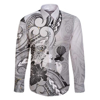 Aotearoa Maori Wahine Family Matching Mermaid Dress and Hawaiian Shirt Fantail Bird Black Gold Marble LT05 Dad's Shirt - Long Sleeve Black - Polynesian Pride