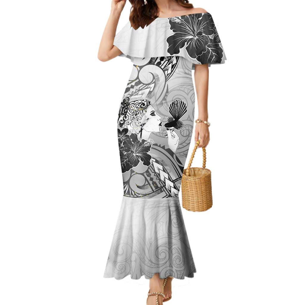 Aotearoa Maori Wahine Family Matching Mermaid Dress and Hawaiian Shirt Fantail Bird Black Gold Marble LT05 Mom's Dress Black - Polynesian Pride