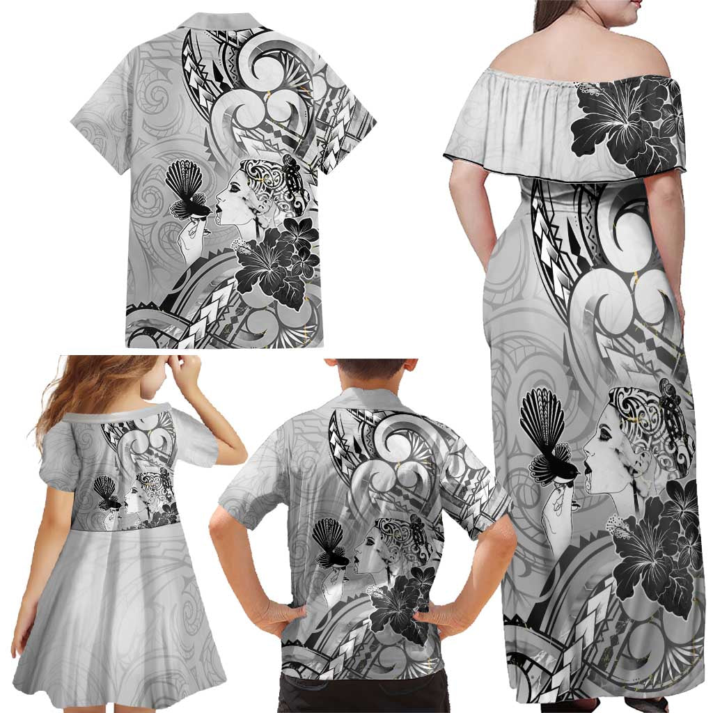 Aotearoa Maori Wahine Family Matching Off Shoulder Maxi Dress and Hawaiian Shirt Fantail Bird Black Gold Marble