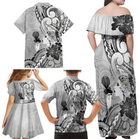 Aotearoa Maori Wahine Family Matching Off Shoulder Maxi Dress and Hawaiian Shirt Fantail Bird Black Gold Marble