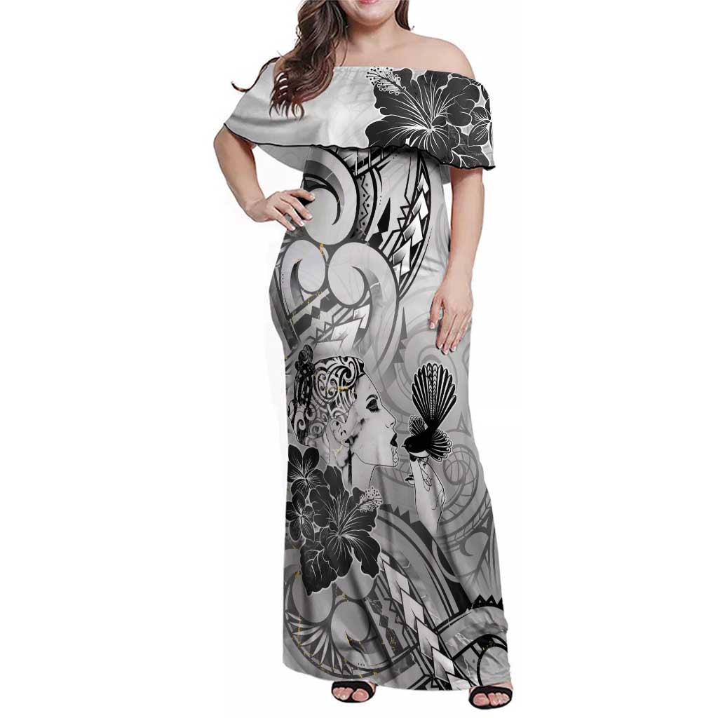Aotearoa Maori Wahine Family Matching Off Shoulder Maxi Dress and Hawaiian Shirt Fantail Bird Black Gold Marble