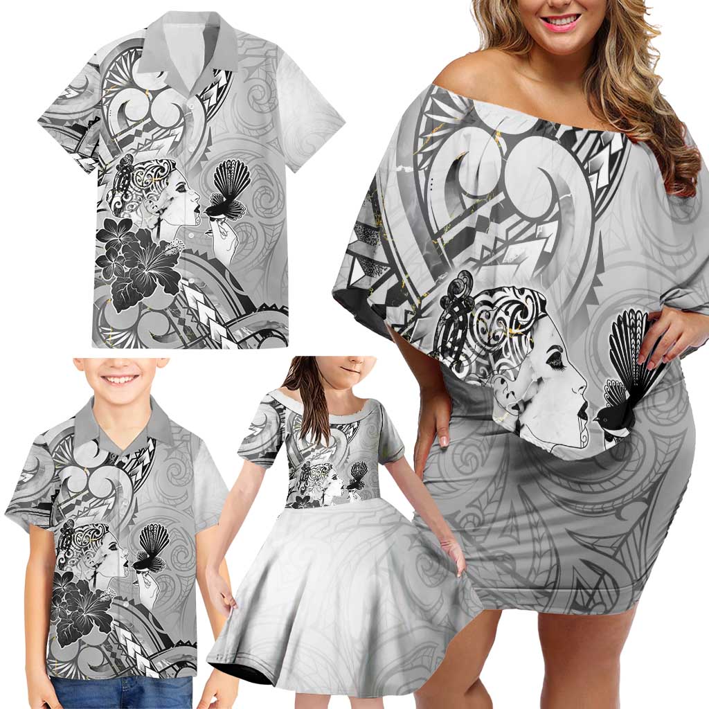 Aotearoa Maori Wahine Family Matching Off Shoulder Short Dress and Hawaiian Shirt Fantail Bird Black Gold Marble
