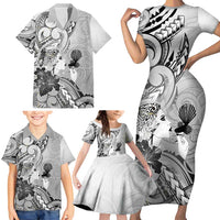 Aotearoa Maori Wahine Family Matching Short Sleeve Bodycon Dress and Hawaiian Shirt Fantail Bird Black Gold Marble LT05 - Polynesian Pride