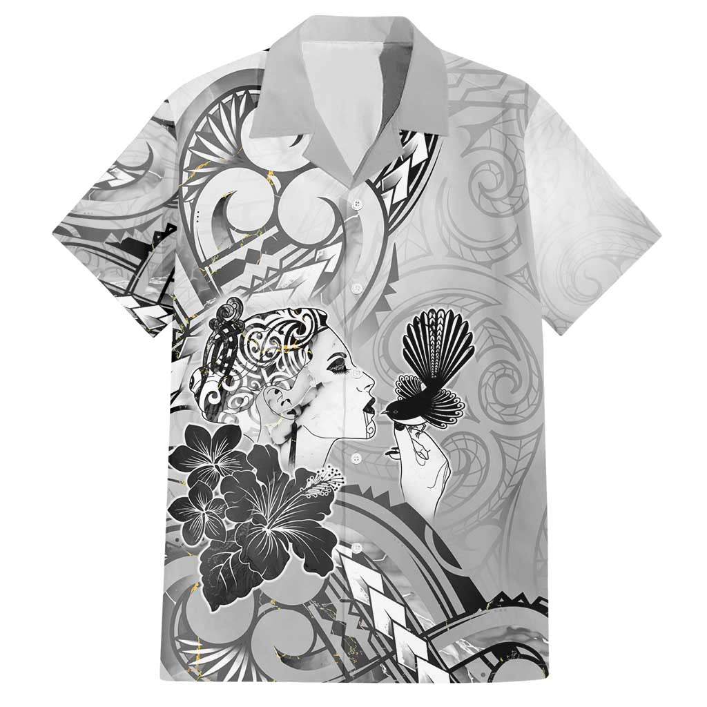 Aotearoa Maori Wahine Family Matching Short Sleeve Bodycon Dress and Hawaiian Shirt Fantail Bird Black Gold Marble LT05 Dad's Shirt - Short Sleeve Black - Polynesian Pride