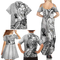 Aotearoa Maori Wahine Family Matching Summer Maxi Dress and Hawaiian Shirt Fantail Bird Black Gold Marble LT05 - Polynesian Pride