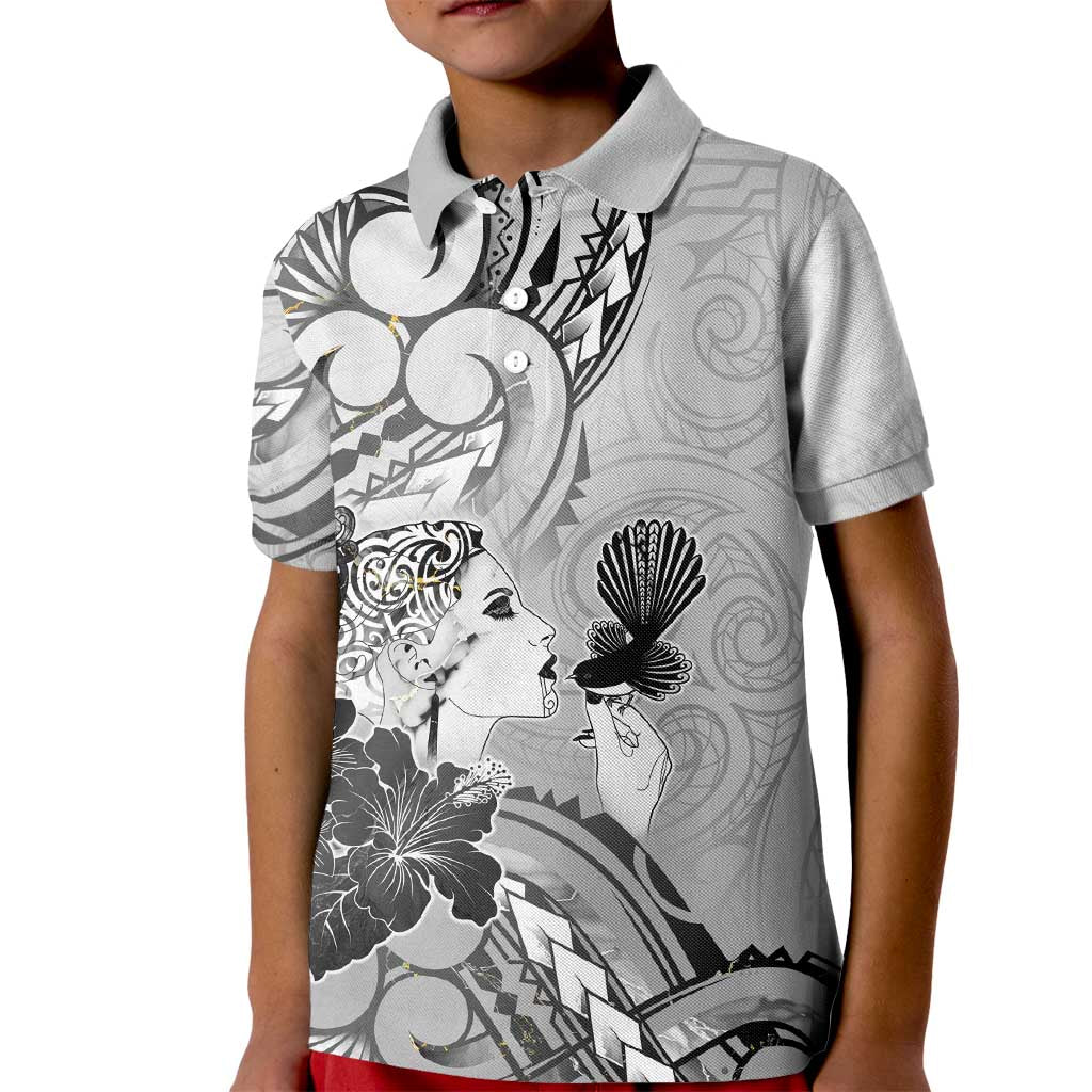 Aotearoa Maori Wahine Kid Polo Shirt Fantail Bird Black Gold Marble LT05 Kid Black - Polynesian Pride