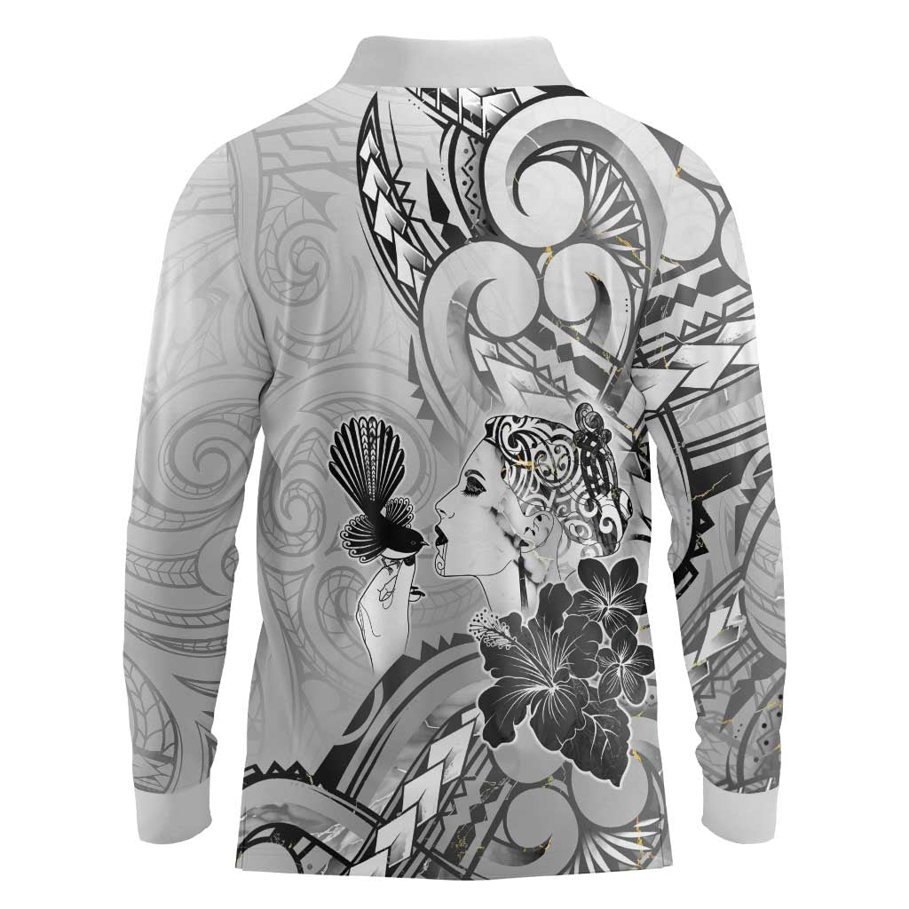 Aotearoa Maori Wahine Long Sleeve Polo Shirt Fantail Bird Black Gold Marble LT05 - Polynesian Pride