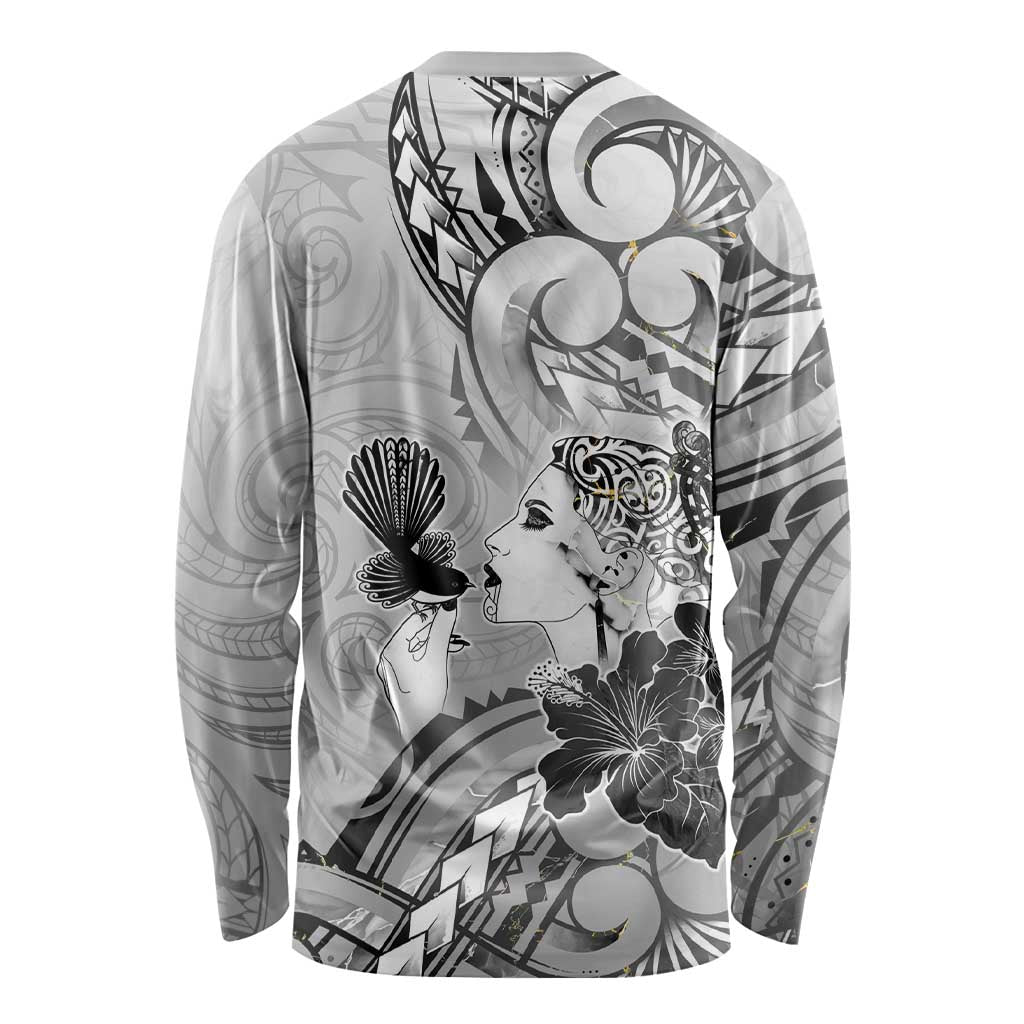 Aotearoa Maori Wahine Long Sleeve Shirt Fantail Bird Black Gold Marble LT05 - Polynesian Pride