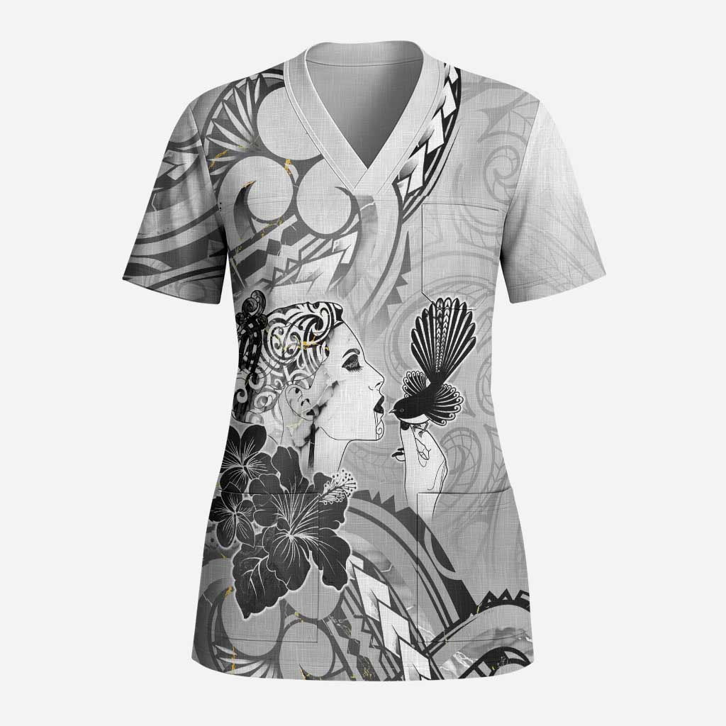 Aotearoa Maori Wahine Scrub Top Fantail Bird Black Gold Marble - Polynesian Pride