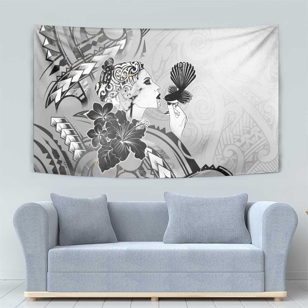 Aotearoa Maori Wahine Tapestry Fantail Bird Black Gold Marble