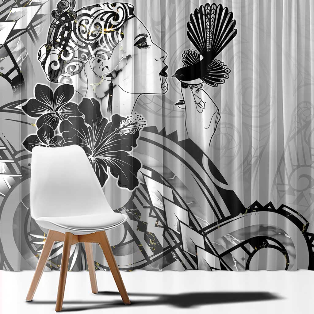 Aotearoa Maori Wahine Window Curtain Fantail Bird Black Gold Marble
