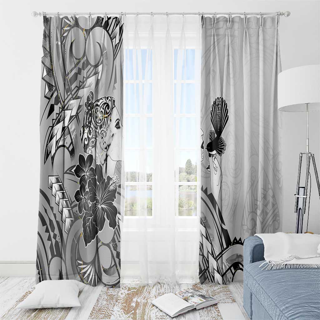 Aotearoa Maori Wahine Window Curtain Fantail Bird Black Gold Marble