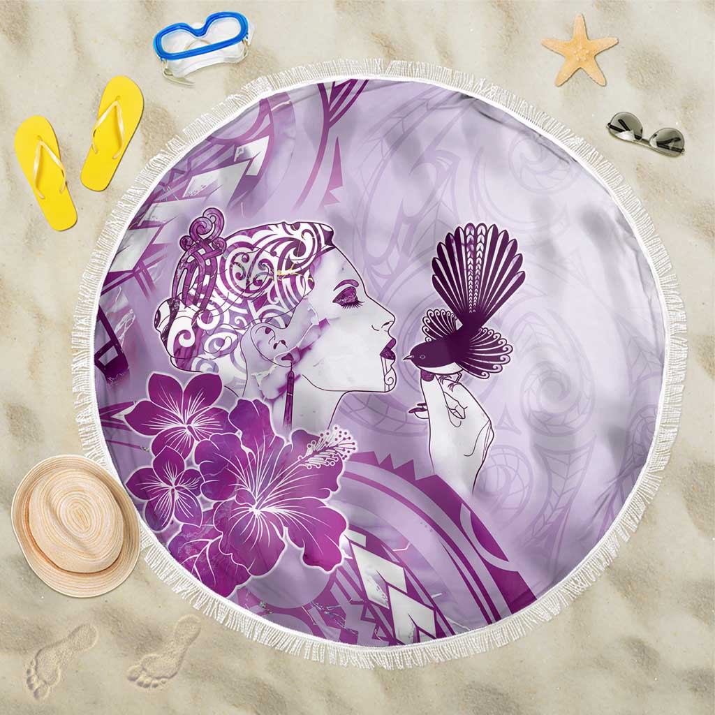 Aotearoa Maori Wahine Beach Blanket Fantail Bird Purple Gold Marble