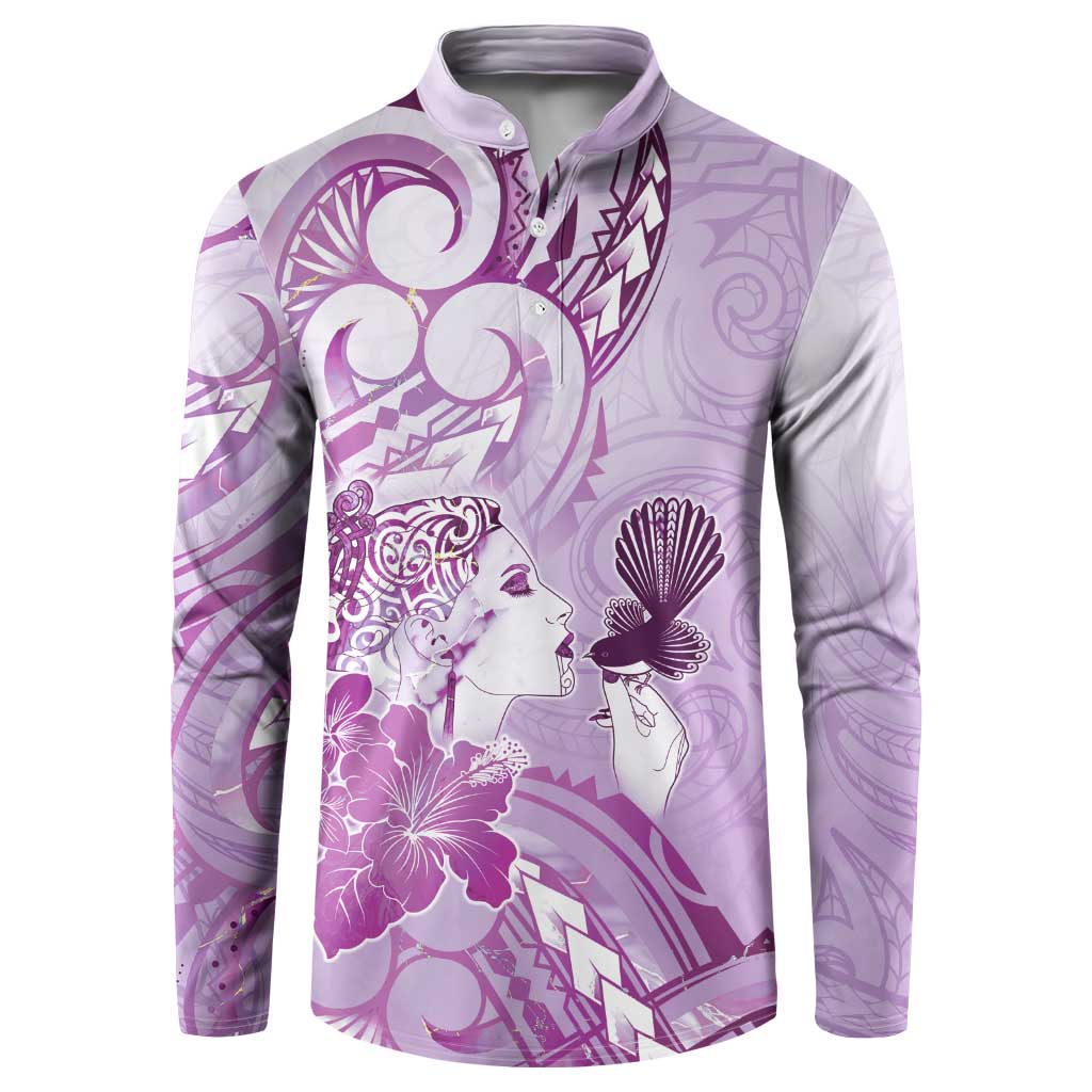 Aotearoa Maori Wahine Button Sweatshirt Fantail Bird Purple Gold Marble LT05 Purple - Polynesian Pride