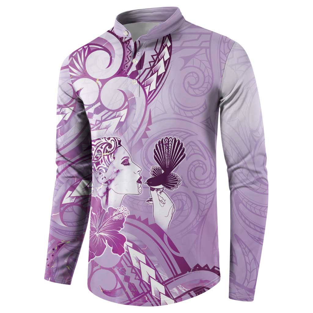 Aotearoa Maori Wahine Button Sweatshirt Fantail Bird Purple Gold Marble LT05 - Polynesian Pride