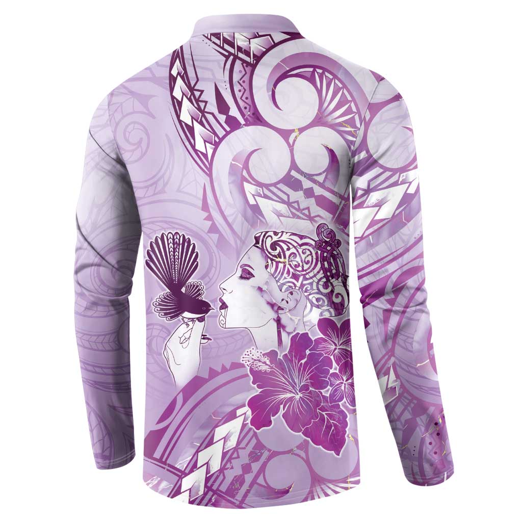 Aotearoa Maori Wahine Button Sweatshirt Fantail Bird Purple Gold Marble LT05 - Polynesian Pride