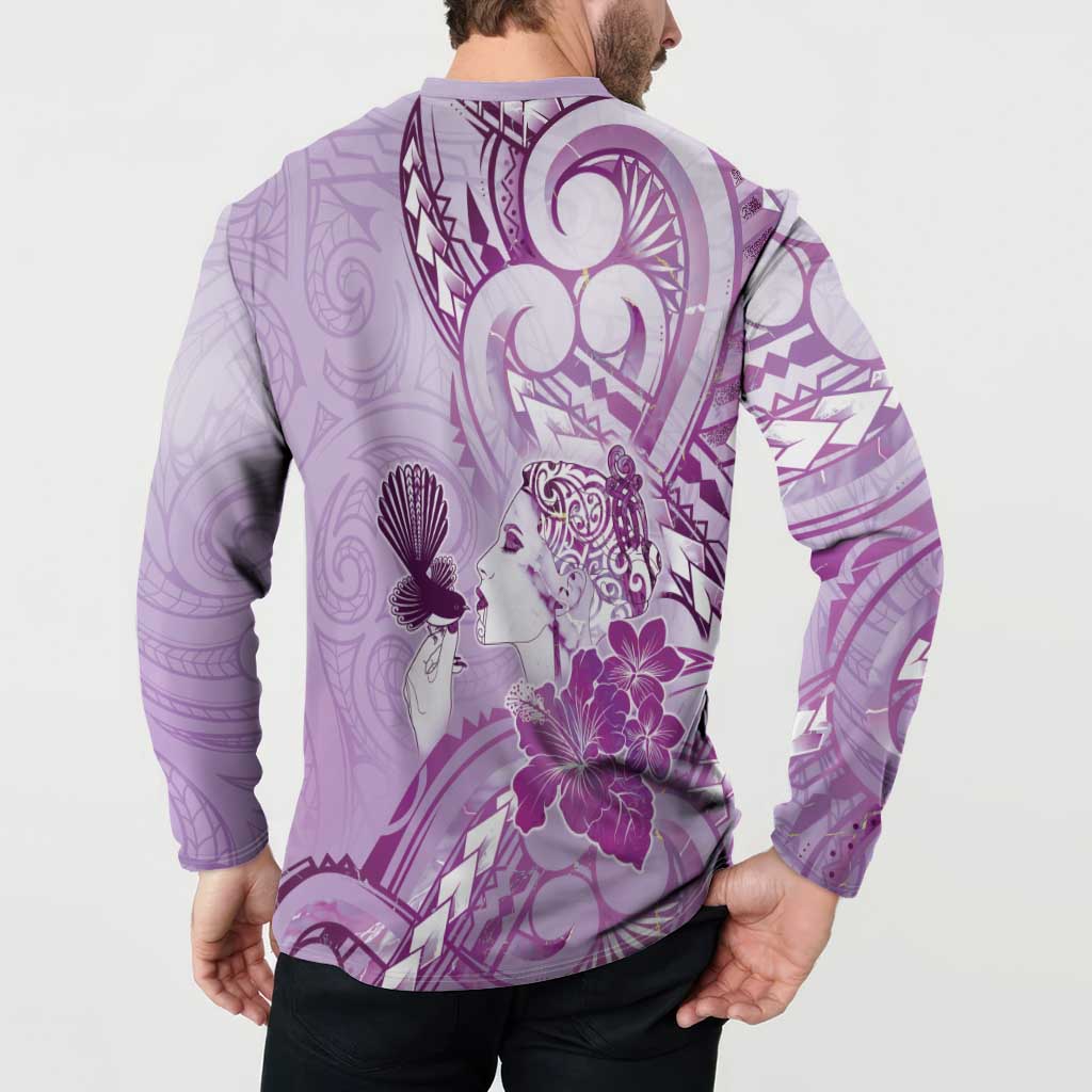 Aotearoa Maori Wahine Button Sweatshirt Fantail Bird Purple Gold Marble LT05 - Polynesian Pride