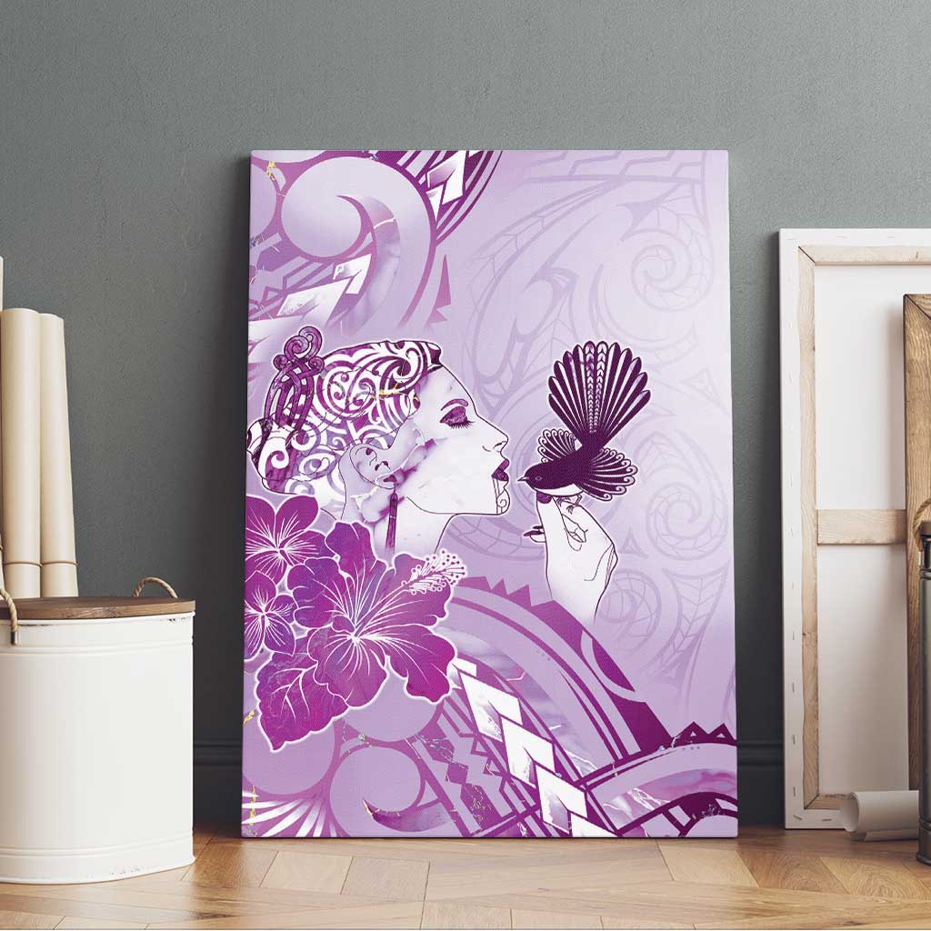 Aotearoa Maori Wahine Canvas Wall Art Fantail Bird Purple Gold Marble