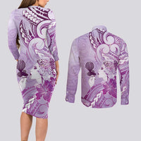Aotearoa Maori Wahine Couples Matching Long Sleeve Bodycon Dress and Long Sleeve Button Shirt Fantail Bird Purple Gold Marble LT05 - Polynesian Pride