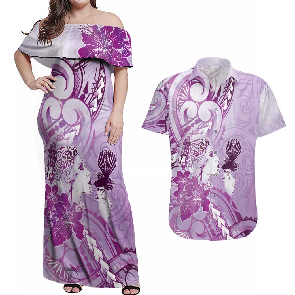 Aotearoa Maori Wahine Couples Matching Off Shoulder Maxi Dress and Hawaiian Shirt Fantail Bird Purple Gold Marble LT05 Purple - Polynesian Pride