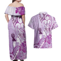Aotearoa Maori Wahine Couples Matching Off Shoulder Maxi Dress and Hawaiian Shirt Fantail Bird Purple Gold Marble LT05 - Polynesian Pride