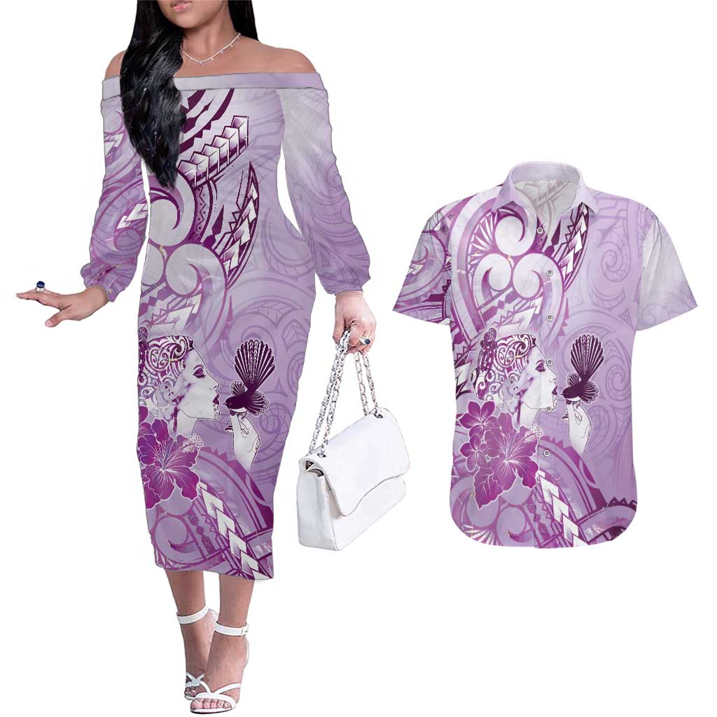 Aotearoa Maori Wahine Couples Matching Off The Shoulder Long Sleeve Dress and Hawaiian Shirt Fantail Bird Purple Gold Marble